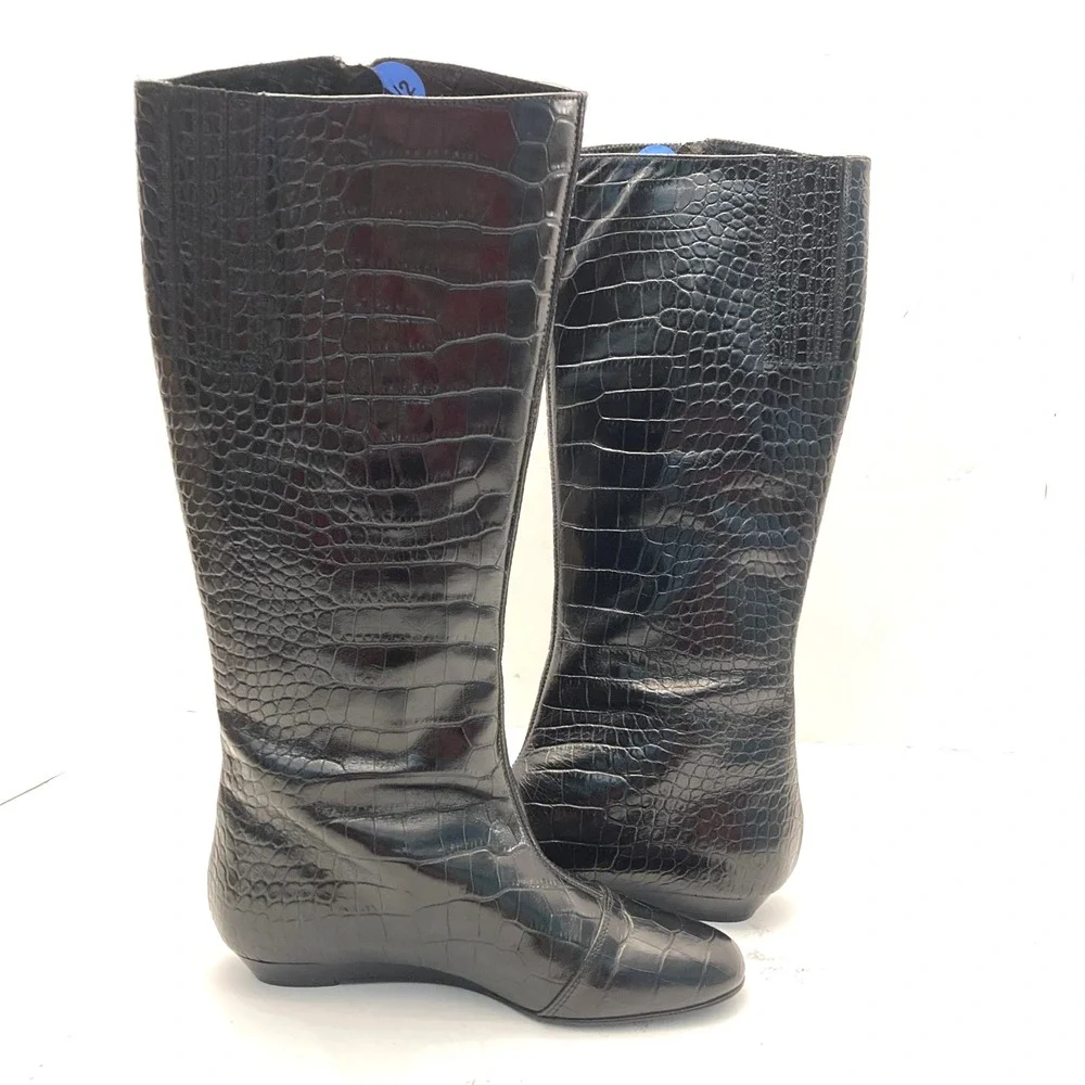 Migliorini Italian‎ Leather Boots Tall Croc Embossed Black Leather Womens 7.5 M